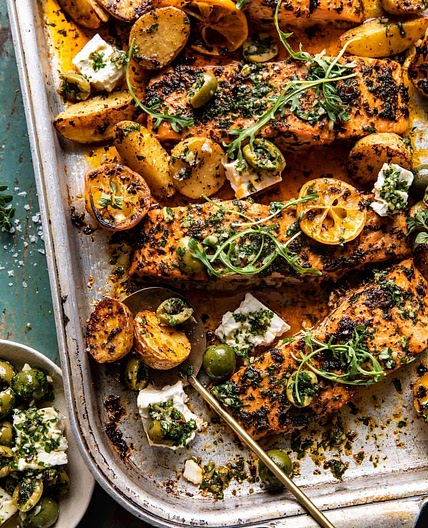 Sheet Pan Roasted Lemon Garlic Butter Salmon with Feta and Olives