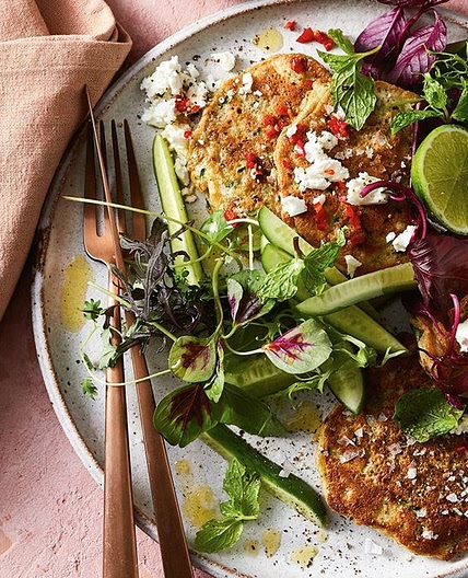 Lentil and zucchini fritters with cucumber salad