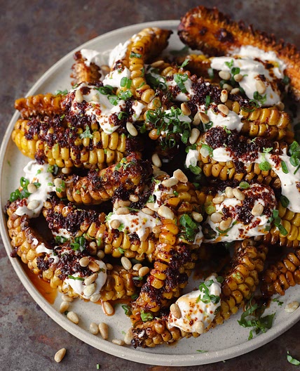 Vegan Corn Ribs with Aleppo Chili Butter & Lime Zest Cream Cheese