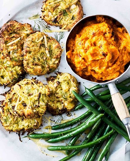 Cheesy zucchini fritters with pumpkin and buttermilk mash