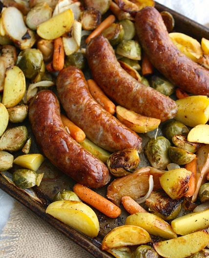 Oktoberfest Sheet Pan Brats with Roasted Vegetables
