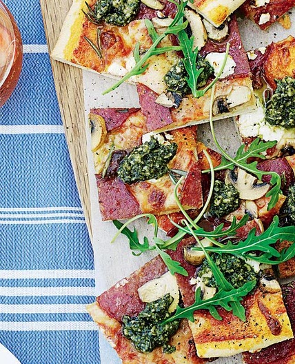 Salami and goat's cheese pizza