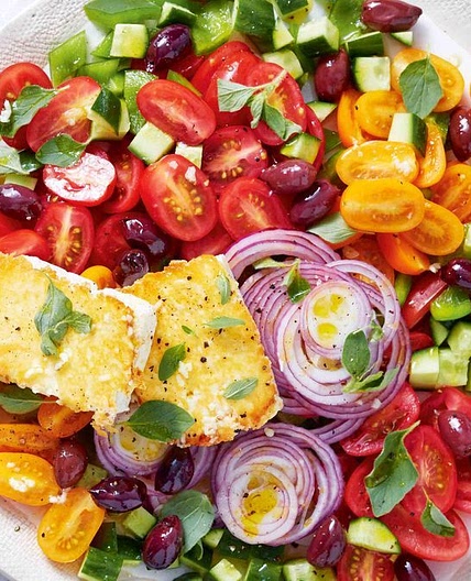 Tomato Greek salad with pan-fried fetta recipe