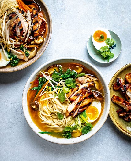 Charred chicken ramen bowls