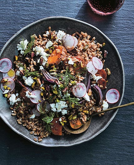 Farro Salad with Roasted Sweet Potatoes, Red Onion, and Goat Cheese