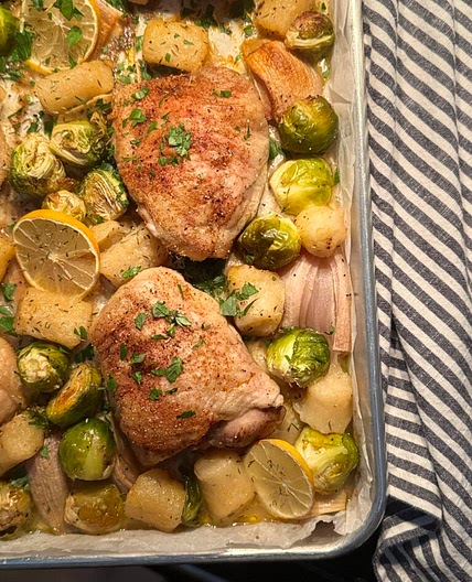 Lemon Chicken Gnocchi with Brussels (sheet pan)