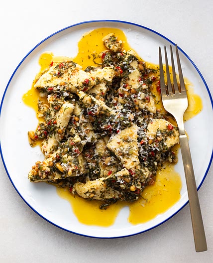 Feta Dumplings in Pine Nut Fresno Sauce