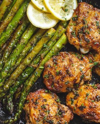 Garlic Herb Butter Chicken Thighs with Asparagus