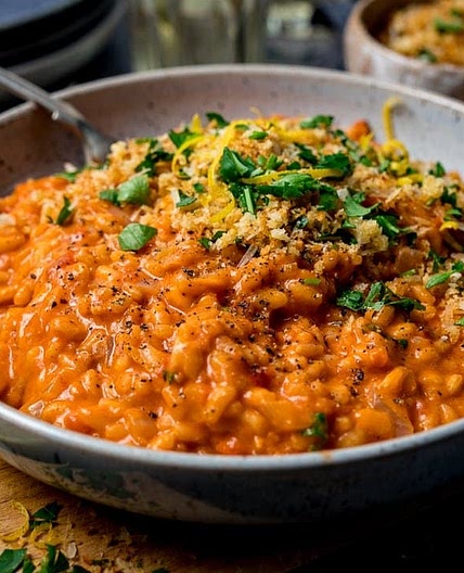 Creamy Tomato Risotto with Crispy Garlic Crumbs