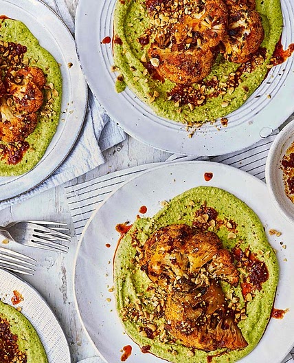 Roasted harissa cauliflower with warm coriander hummus and dukkah