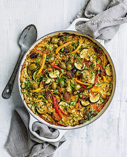 Sunblush tomato and olive vegan paella