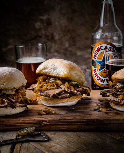 Brisket sandwiches with beer onions and blue cheese