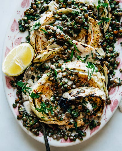 Grilled Cabbage Steaks with Jalapeño Chimichurri Lentils & Maple Mustard Tahini