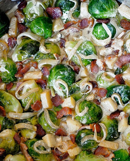 Creamy Brussels Sprouts with Bacon, Apples and Cheese