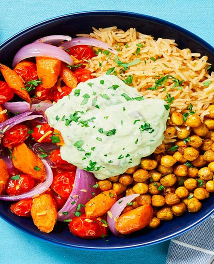 Curry-Spiced Chickpea Bowls with Roasted Veggies, Cucumber Raita & Garlic Basmati Rice