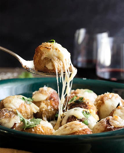 Crispy Chicken Parmesan Meatballs Stuffed with Mozzarella