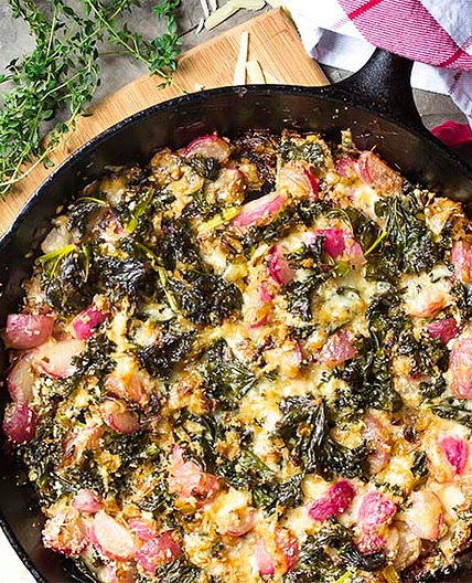 Kale, Radish, and Leek Gratin with Gruyere Cheese