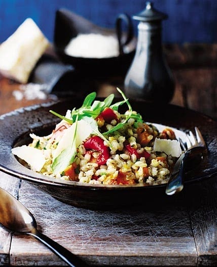 Pearl barley risotto with roasted squash, red peppers and rocket