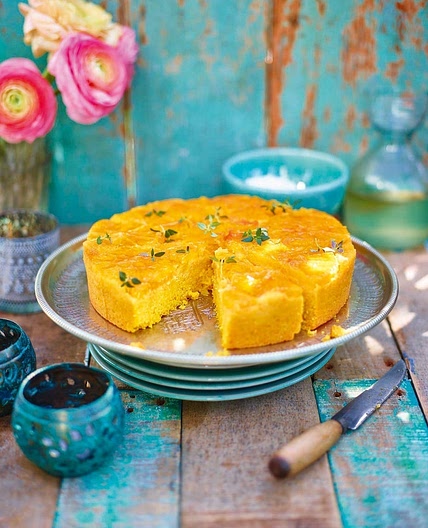 Orange, polenta and olive oil cake with mascarpone and thyme