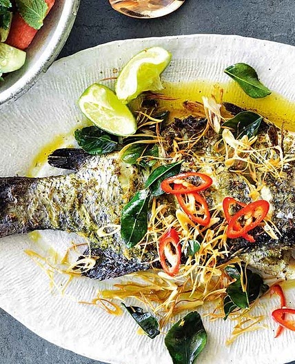 Barramundi, lemongrass and lime leaves