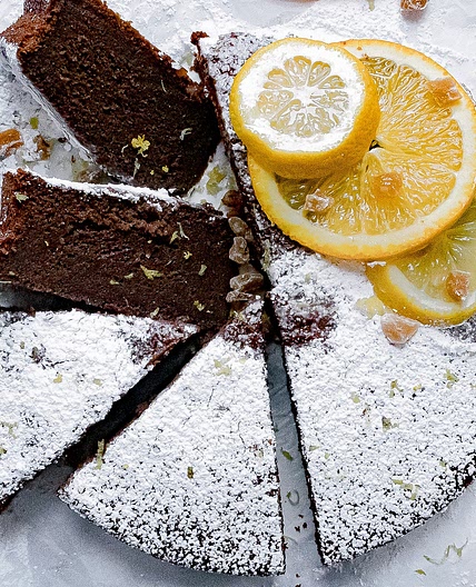 Easy Chocolate Olive Oil Cake with Crystallized Ginger