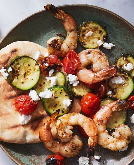 Grilled Shrimp, Zucchini, and Tomatoes with Feta in a Grill Basket