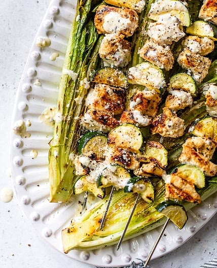 Caesar-Marinated Chicken Kabobs with Zucchini and Grilled Romaine