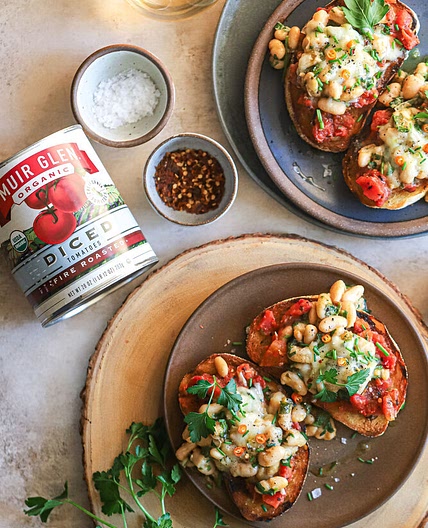 Spicy Garlicky Tomato and Herbed Cannellini Bean Toasts with Gruyere Cheese