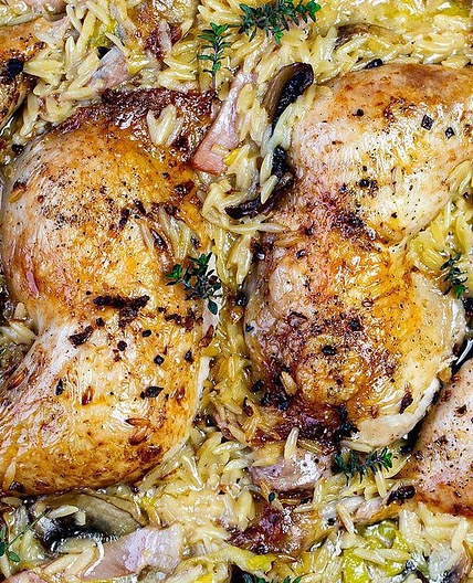 Tray-baked chicken marylands with risoni recipe