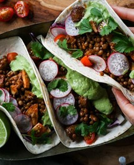Mushroom & Lentil Tacos with Garlic Avocado Cream