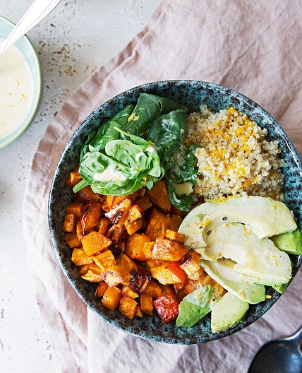 Buddha bowl with pepper-orange topping