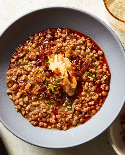 Lentils With Caramelized Onion Aioli and Crispy Chile Oil