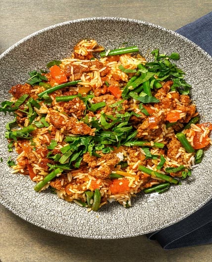 Aromatic Beef Pilaf with Tomatoes, Green Beans and Mango Chutney