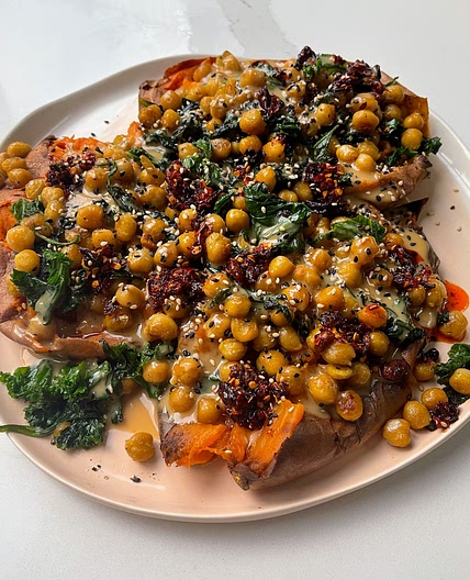 Sweet Potatoes with Tahini Butter Chickpeas