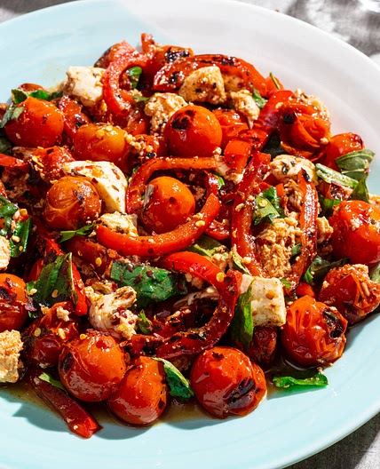 Charred Cherry Tomatoes with Bell Peppers and Mozzarella