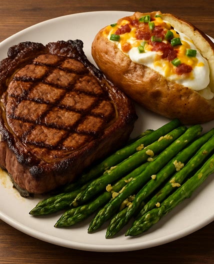 Steakhouse Ribeye Plate with Loaded Baked Potato & Garlic Asparagus
