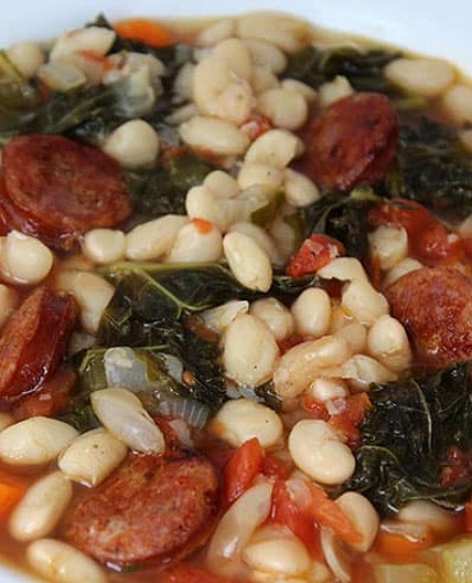 Pressure Cooker White Bean Soup with Crispy Sausage and Kale