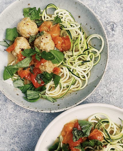 Chicken Miso Meatballs with Cherry Tomato Sauce and Zucchini Noodles