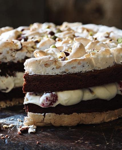 Chocolate brownie meringue cake with raspberry cream