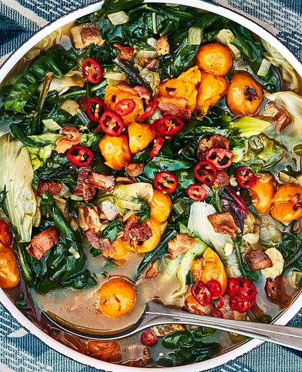 Wilted Greens in Tomato-Bacon Broth