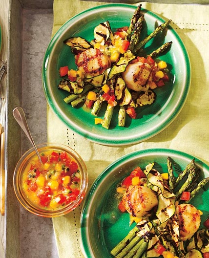 Grilled Scallops and Vegetables with Mango-Passion Fruit Salsa