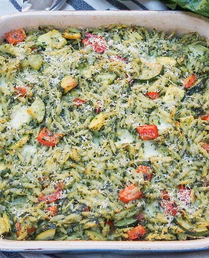 Creamy chard pesto baked orzo