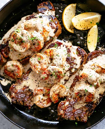 Steak With Creamy Garlic Shrimp