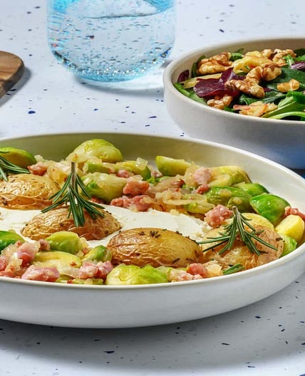 Abfahrt! Zitronige Frischecremepiste gesäumt von Tannenbaum-Kartoffeln & Speck-Rosenkohl