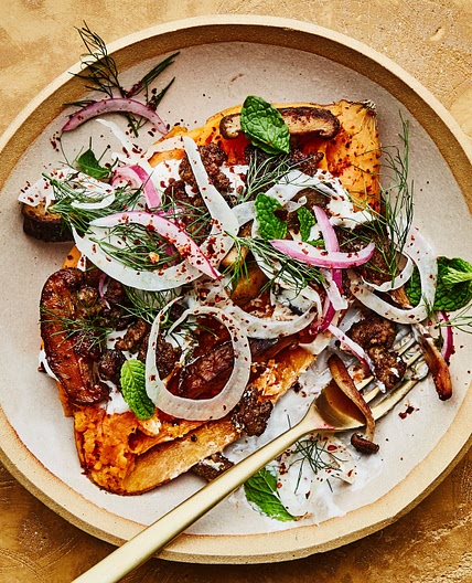 Sweet Potato Bowls With Spiced Lamb and Mushrooms