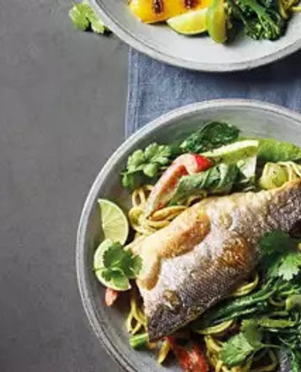 Sea bass with coriander & tahini noodles