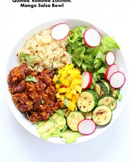 Curried Kidney Beans, Quinoa, Roasted Zucchini, Mango Salsa Bowl
