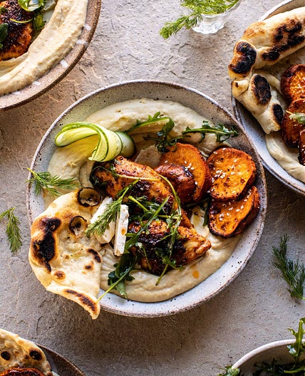 Sheet Pan Chicken Shawarma with Sesame Sweet Potatoes and Hummus