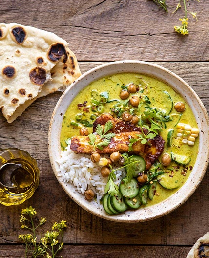 Summer Coconut Chickpea Curry with Rice and Fried Halloumi