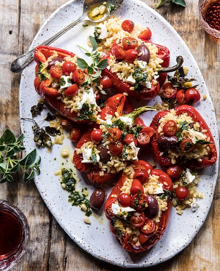 Greek Orzo Stuffed Red Peppers with Lemony Basil Tomatoes